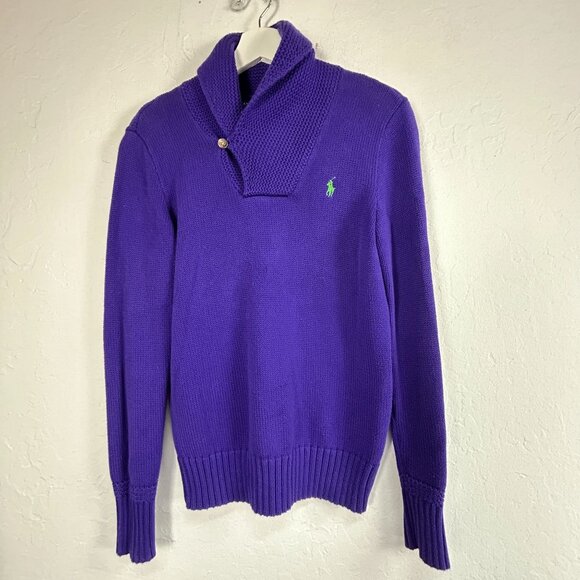 Ralph Lauren Womens Purple Cotton Knit Sweater Medium Shawl Collar Pullover Logo